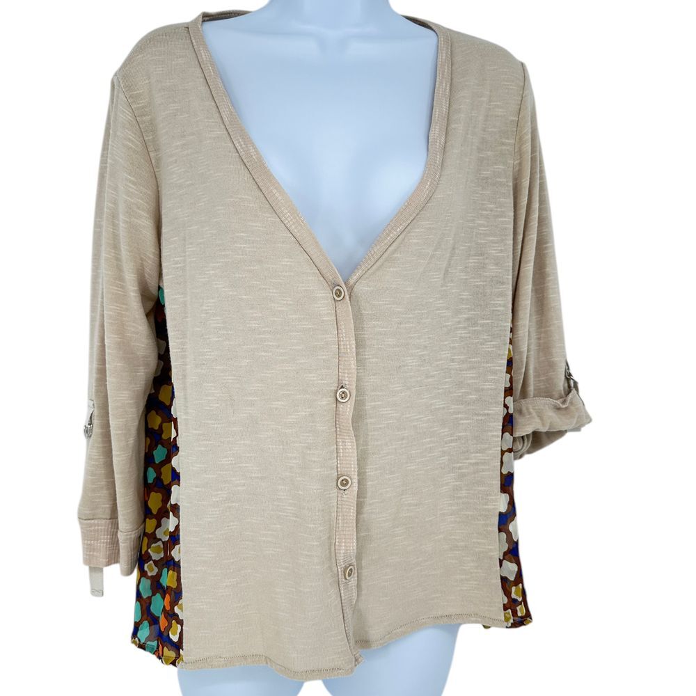 Democracy Beige Knit Chiffon Print Back Button Front Roll Tab Cardigan SZ‎ S